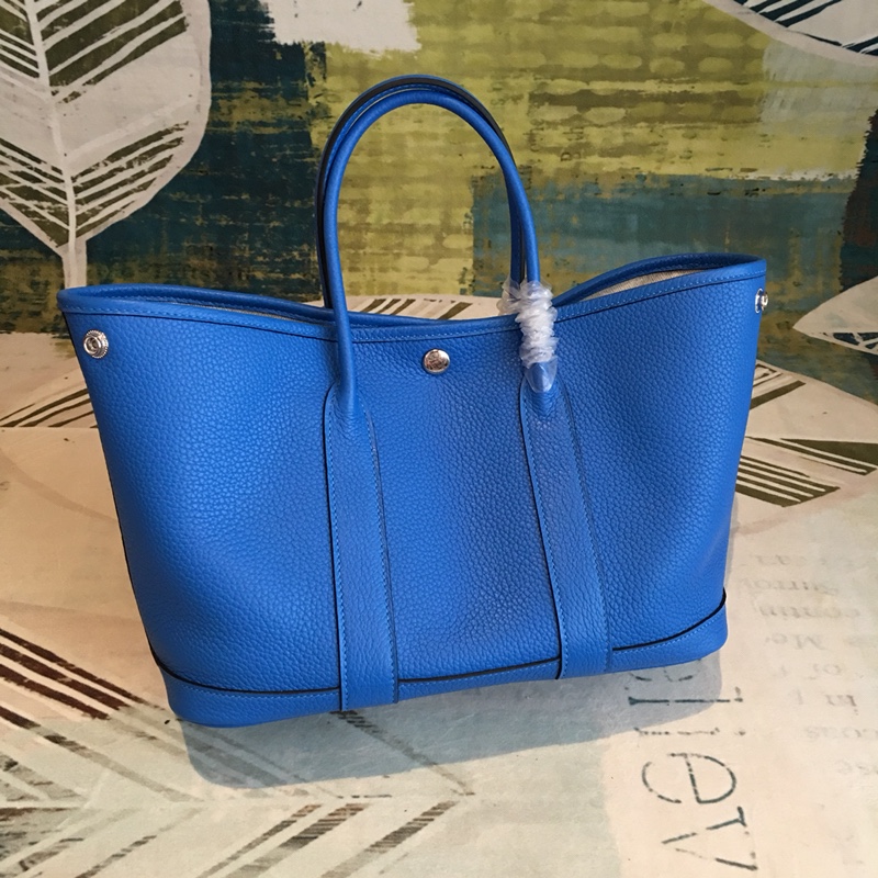 Hermes Garden Party 36cm Tote Handbag In Blue Clemence Leather